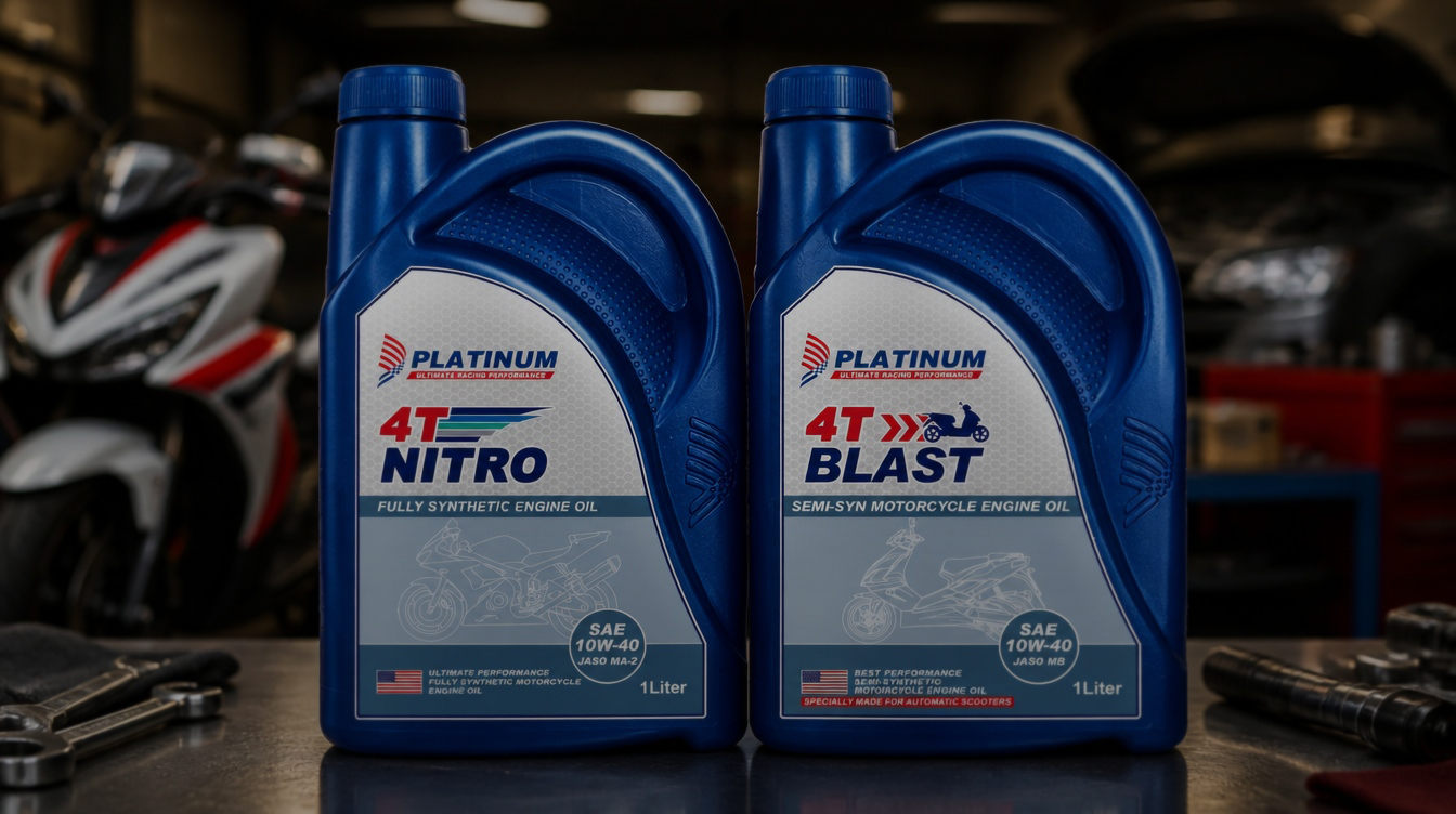 Platinum Lubricants 4T Nitro and 4T Blast engine oil bottles