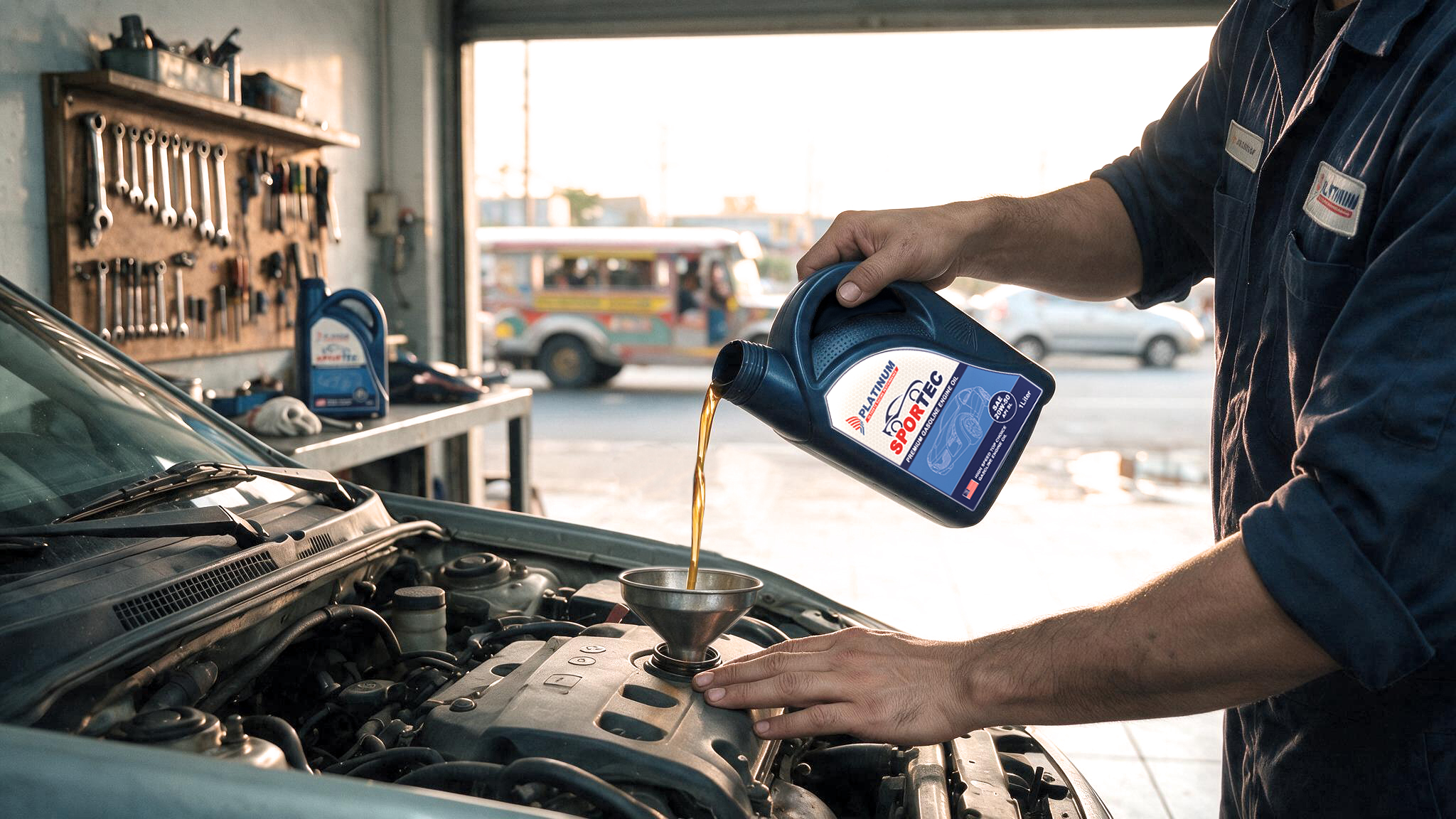 Platinum premium mineral motor oil poured at a Philippine change-oil stall